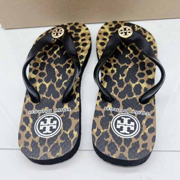Tory Burch Eva Sole Flip Flops Black Leopard Print Logo Thong Sandal Womens US 5 - Picture 8 of 12